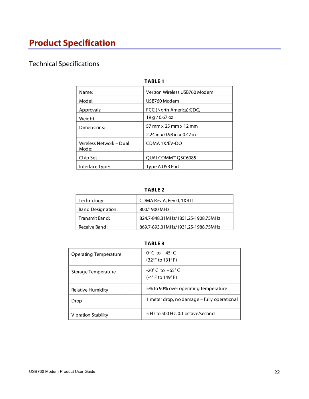 Verizon USB760 manual Product Specification, Technical Specifications 