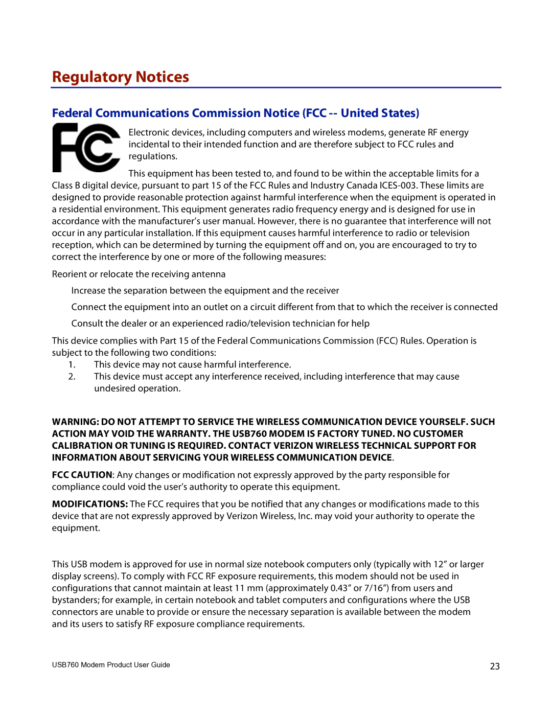 Verizon USB760 manual Regulatory Notices 