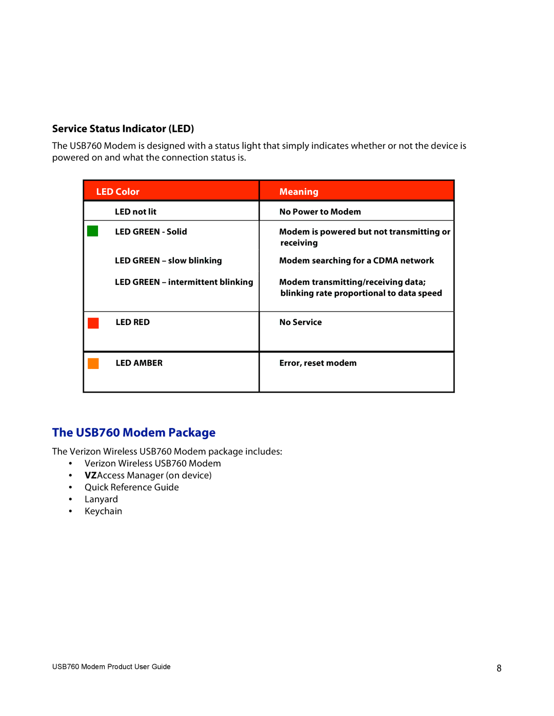 Verizon manual USB760 Modem Package, Service Status Indicator LED 