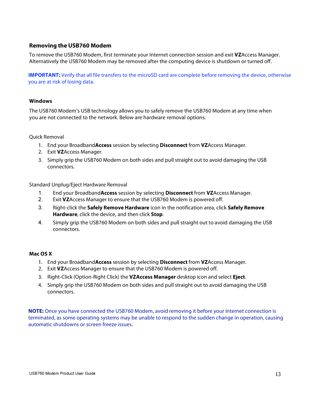 Verizon manual Removing the USB760 Modem 