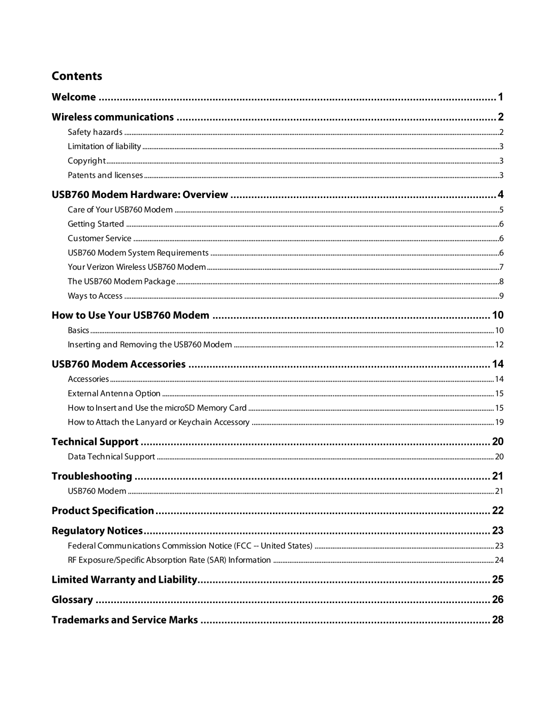 Verizon USB760 manual Contents 