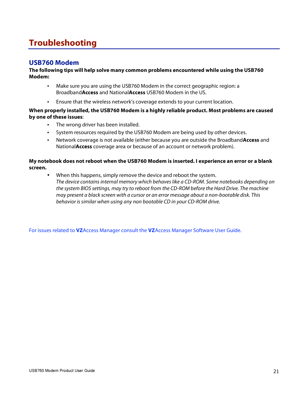 Verizon manual Troubleshooting, USB760 Modem 