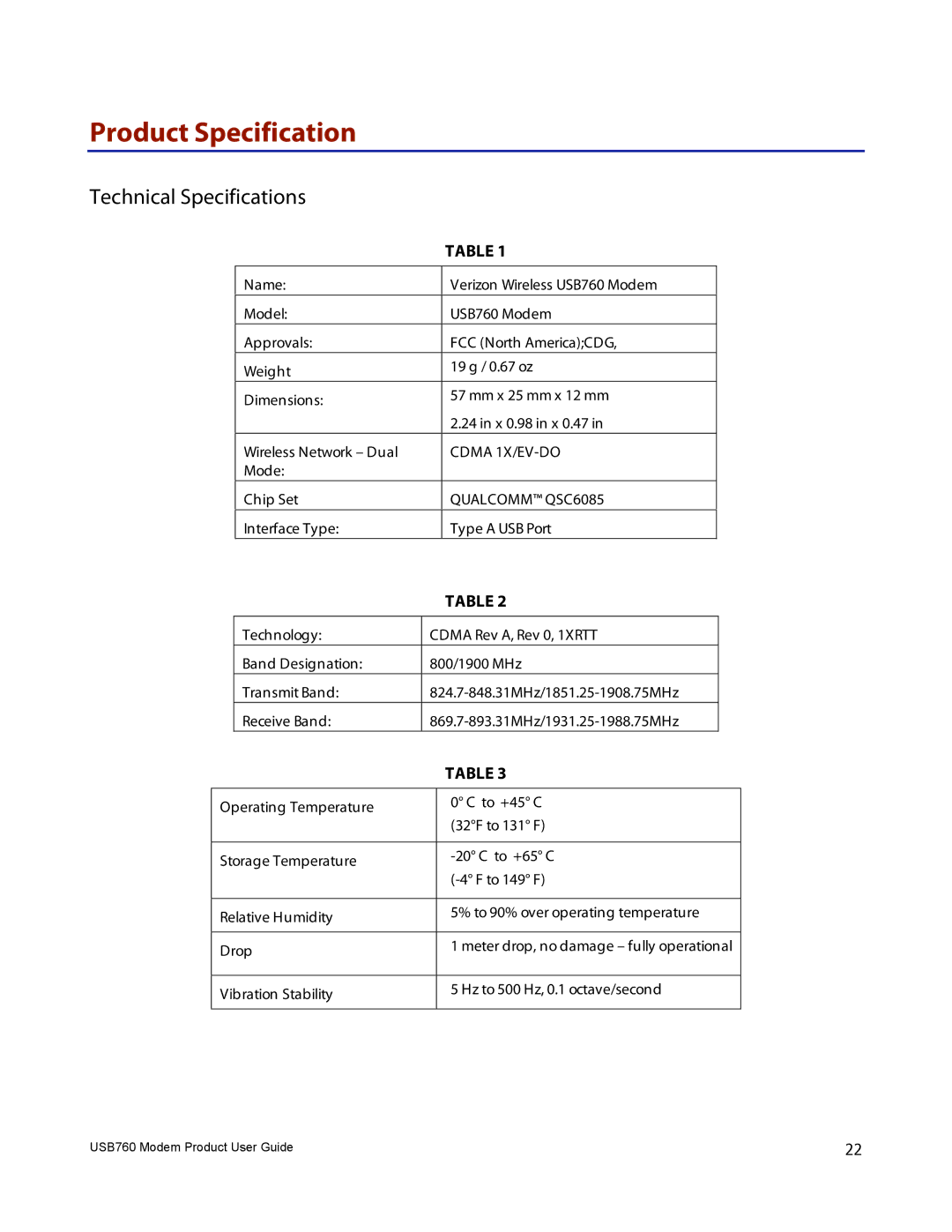 Verizon USB760 manual Product Specification, Technical Specifications 