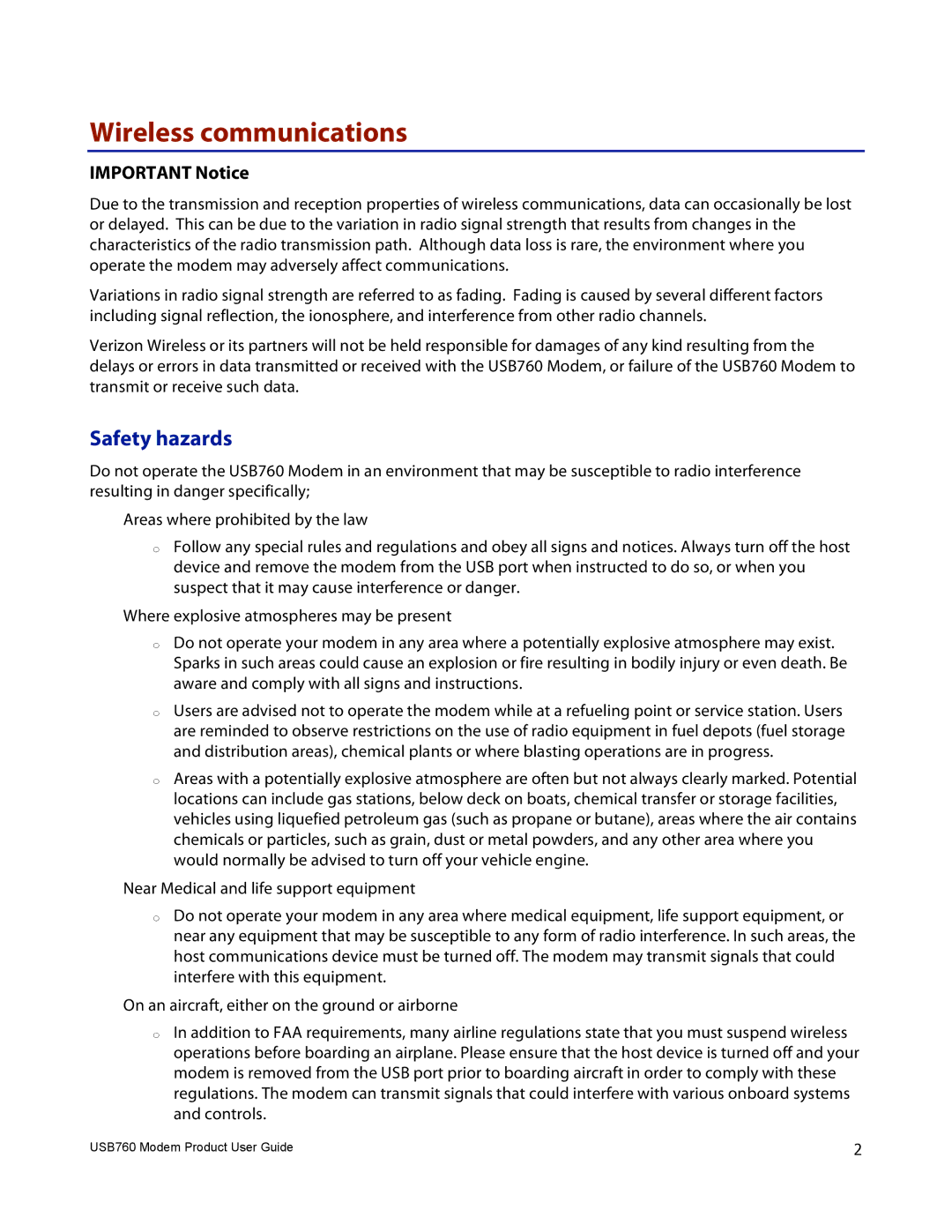 Verizon USB760 manual Wireless communications, Safety hazards, Important Notice 