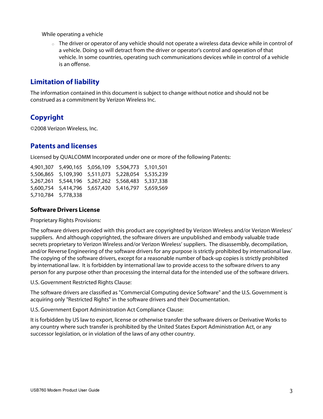 Verizon USB760 manual Limitation of liability, Copyright, Patents and licenses, Software Drivers License 