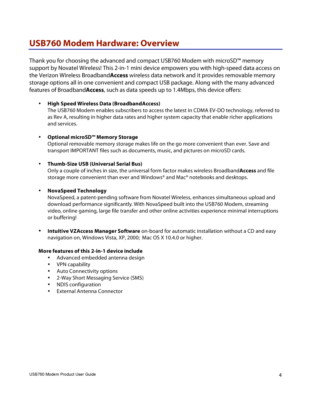 Verizon manual USB760 Modem Hardware Overview 