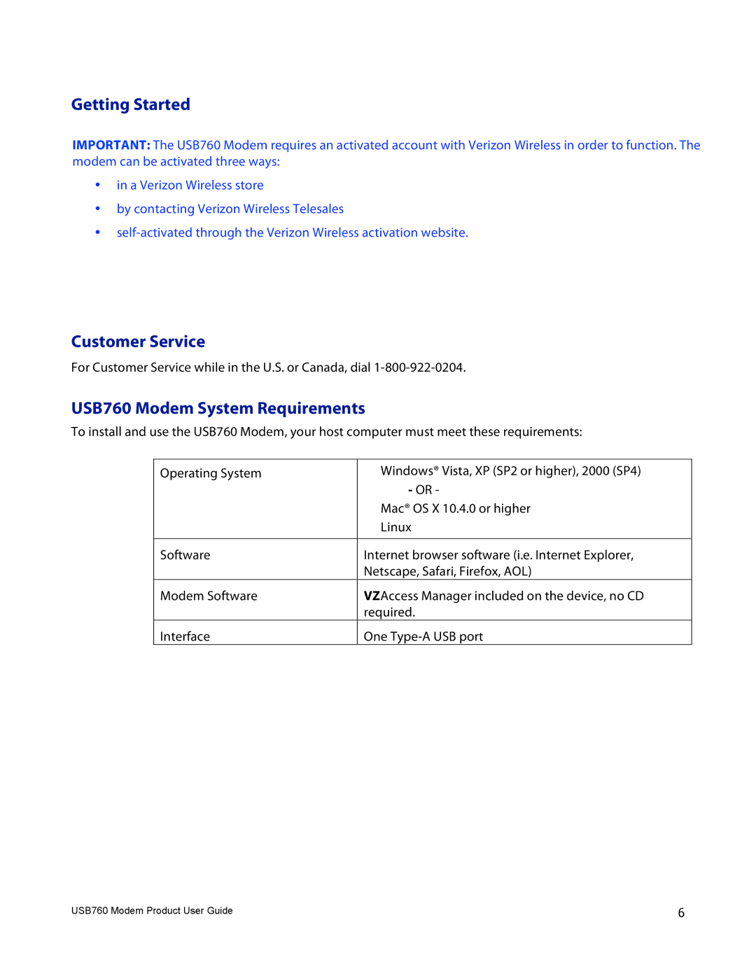 Verizon manual Getting Started, Customer Service, USB760 Modem System Requirements 