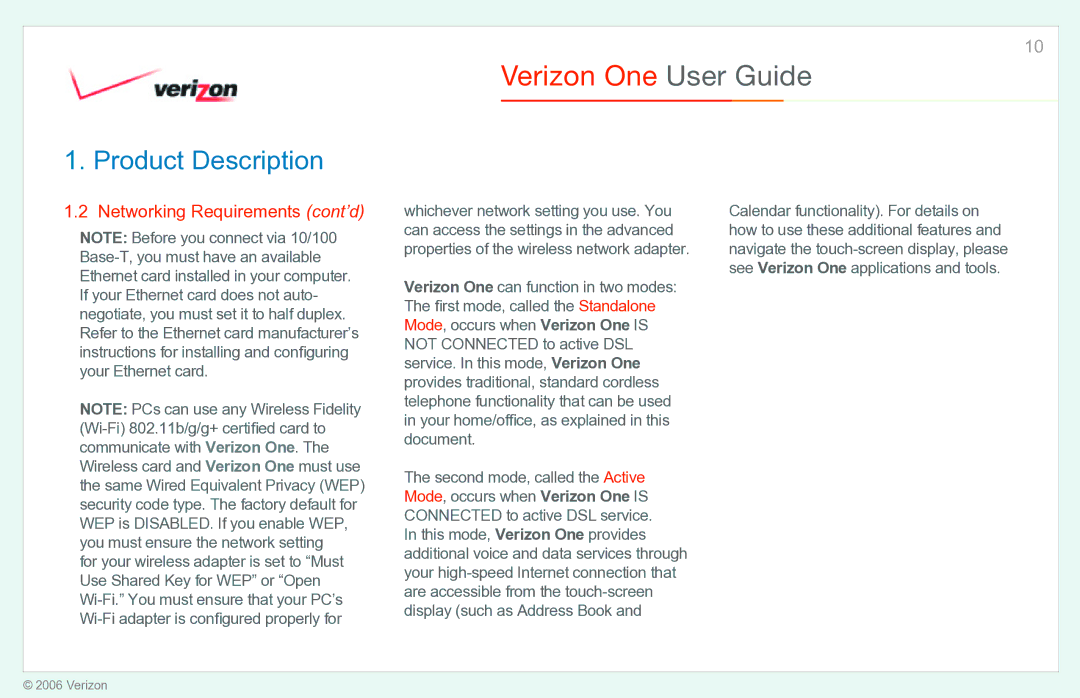 Verizon Verizon One manual Networking Requirements cont’d 