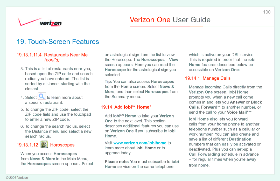 Verizon Verizon One manual Restaurants Near Me cont’d, Manage Calls, When you access Horoscopes, Home 