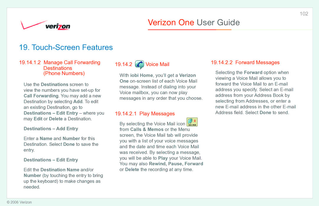 Verizon Verizon One manual Manage Call Forwarding Destinations Phone Numbers, Play Messages, Forward Messages 