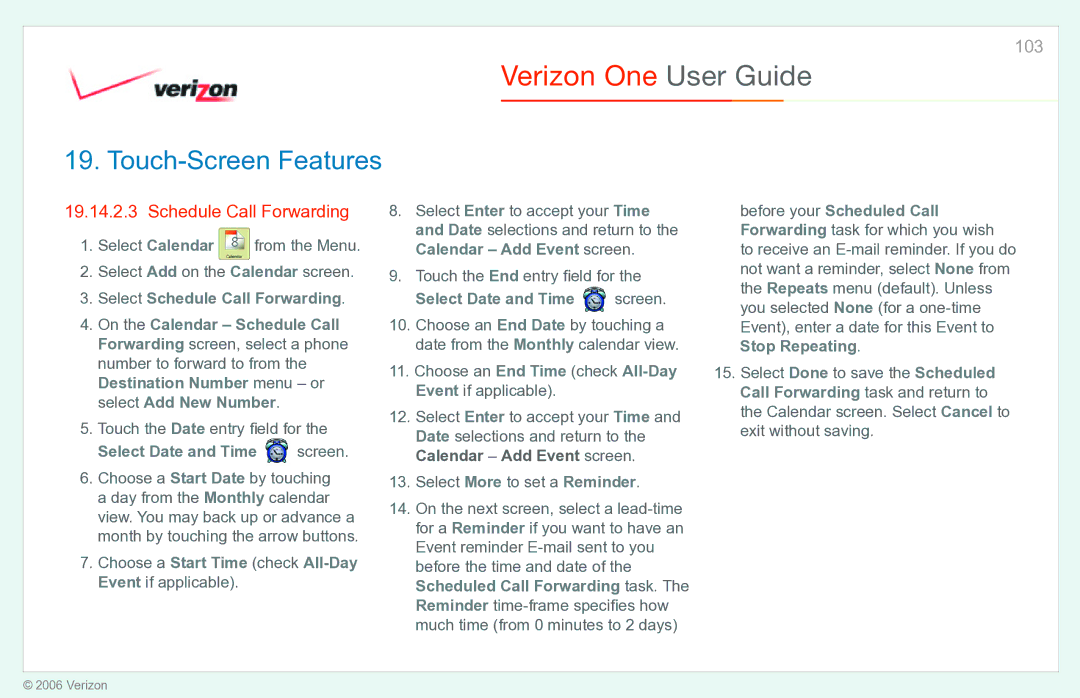 Verizon Verizon One manual Schedule Call Forwarding, Touch the Date entry ﬁ eld for, Select Date and Time screen 