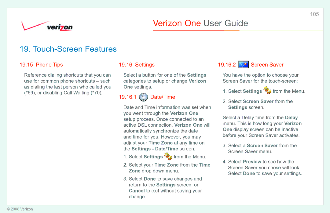 Verizon Verizon One manual Phone Tips, Date/Time, Select Screen Saver from the Settings screen 