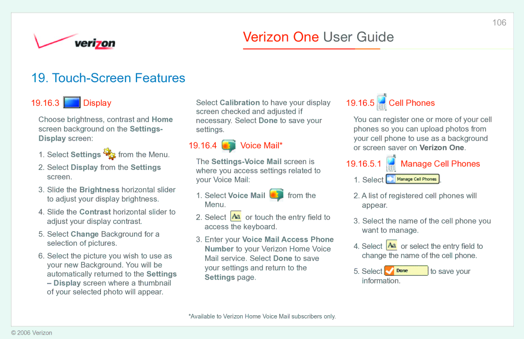 Verizon Verizon One manual Manage Cell Phones, Select Display from the Settings screen 