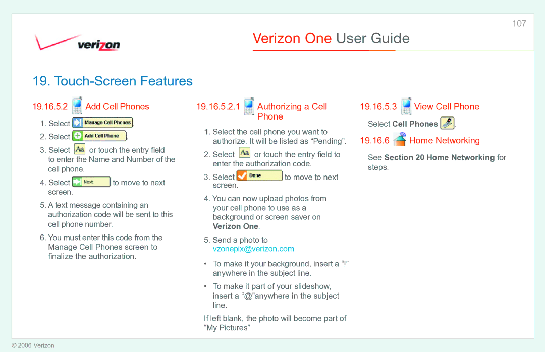 Verizon Verizon One manual Add Cell Phones, Authorizing a Cell Phone, View Cell Phone, Home Networking 