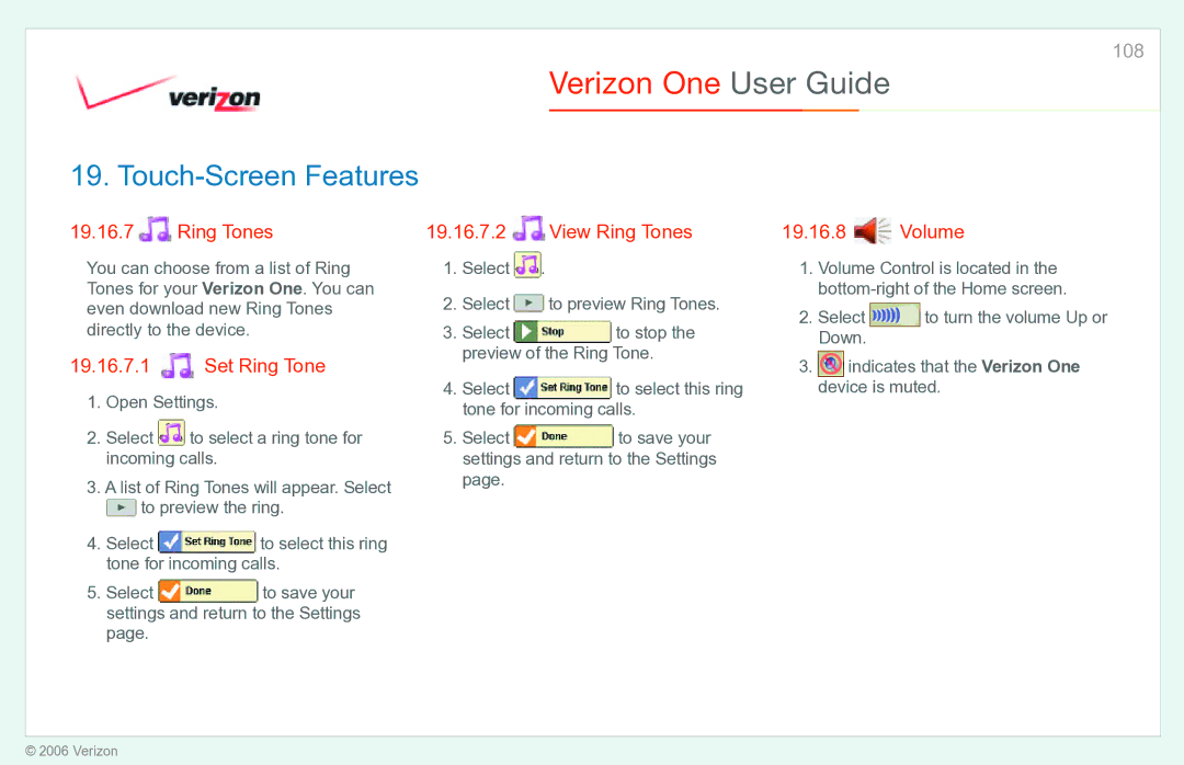 Verizon Verizon One manual Set Ring Tone, View Ring Tones, Volume 