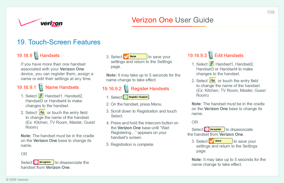 Verizon Verizon One manual Name Handsets, Register Handsets, Edit Handsets 