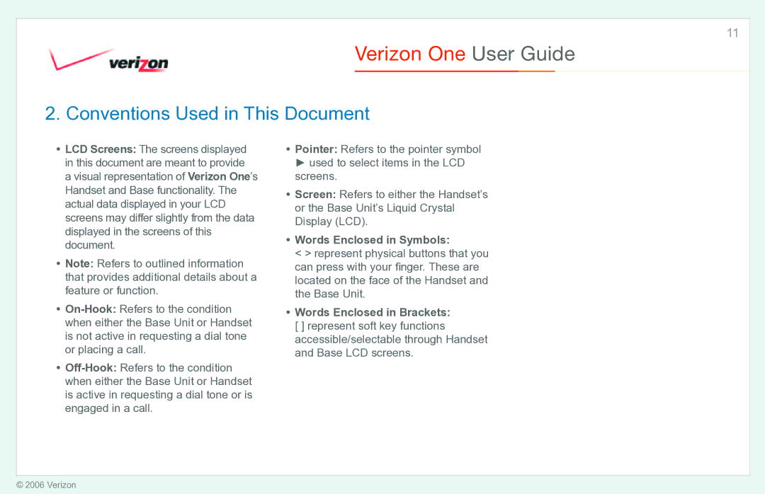 Verizon Verizon One manual Conventions Used in This Document, Words Enclosed in Symbols 