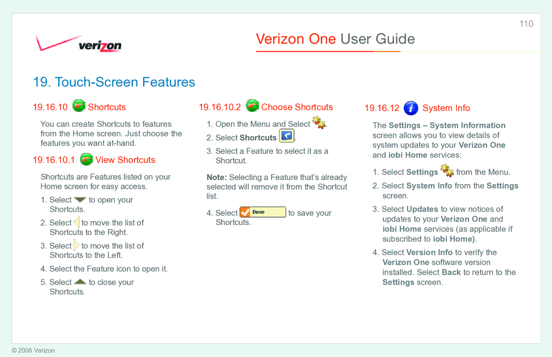 Verizon Verizon One manual View Shortcuts, Choose Shortcuts, Select System Info from the Settings screen 