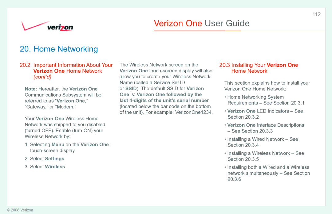 Verizon manual Installing Your Verizon One Home Network, Select Settings Select Wireless 