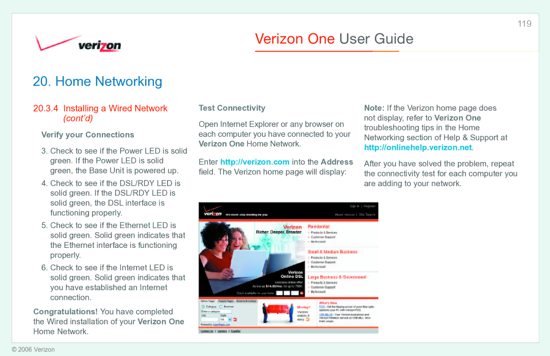 Verizon Verizon One manual Installing a Wired Network cont’d, Verify your Connections, Test Connectivity 