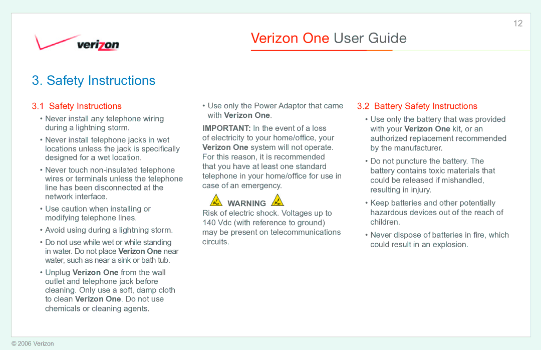 Verizon Verizon One manual Battery Safety Instructions, Never install any telephone wiring during a lightning storm 