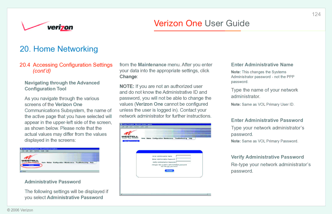 Verizon Verizon One Navigating through the Advanced Conﬁguration Tool, Administrative Password, Enter Administrative Name 