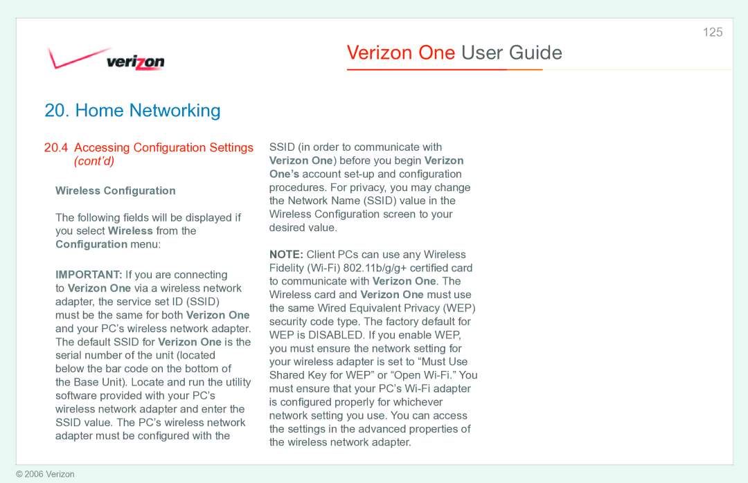 Verizon Verizon One manual Wireless Conﬁguration 