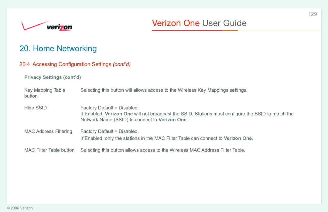 Verizon manual Privacy Settings cont’d, Network Name Ssid to connect to Verizon One 