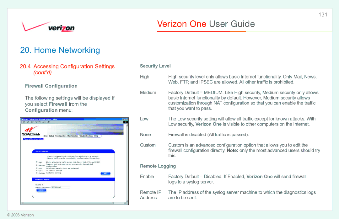 Verizon Verizon One manual Firewall Conﬁguration, Security Level 