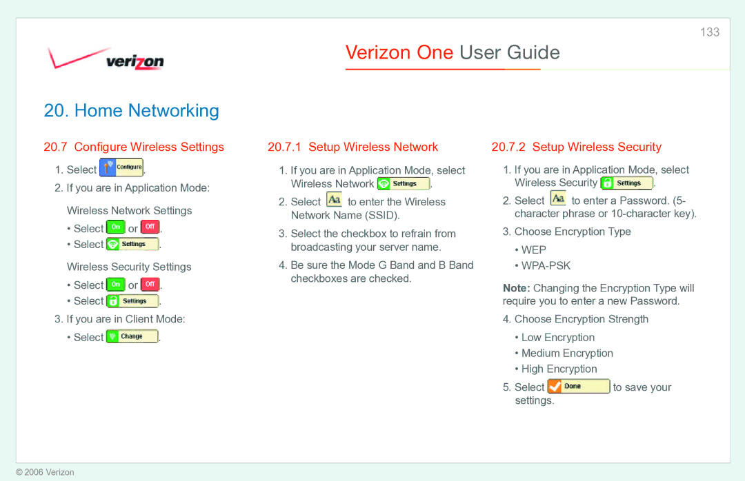 Verizon Verizon One manual 20.7 Conﬁ gure Wireless Settings, Setup Wireless Network, Setup Wireless Security 