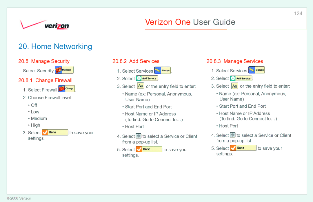 Verizon Verizon One manual Manage Security, Change Firewall, Add Services, Manage Services, Select Security 