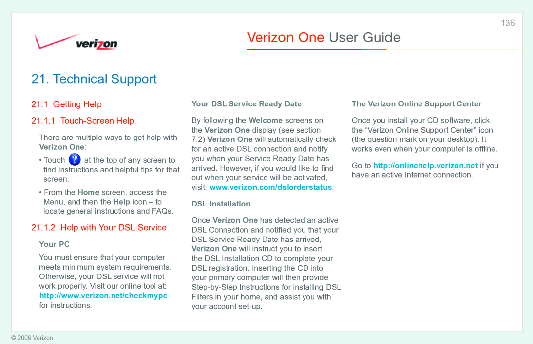 Verizon Verizon One manual Technical Support, Getting Help Touch-Screen Help, Help with Your DSL Service 