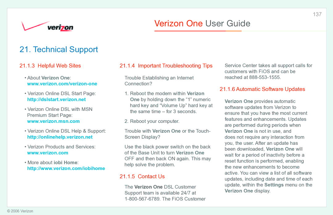 Verizon Verizon One manual Helpful Web Sites, Important Troubleshooting Tips, Contact Us, Automatic Software Updates 