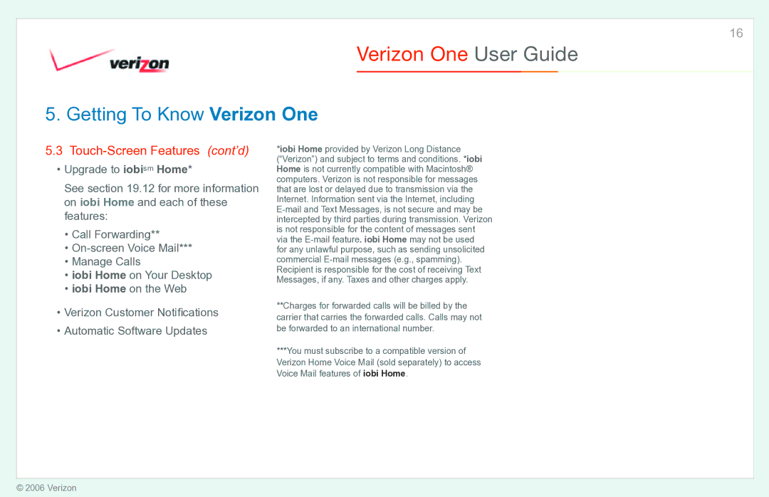 Verizon Verizon One manual Touch-Screen Features cont’d, Iobi Home on the Web 