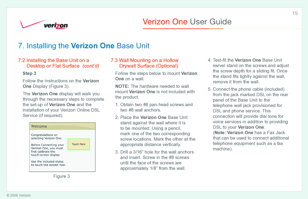 Verizon Verizon One manual Installing the Base Unit on a Desktop or Flat Surface cont’d 