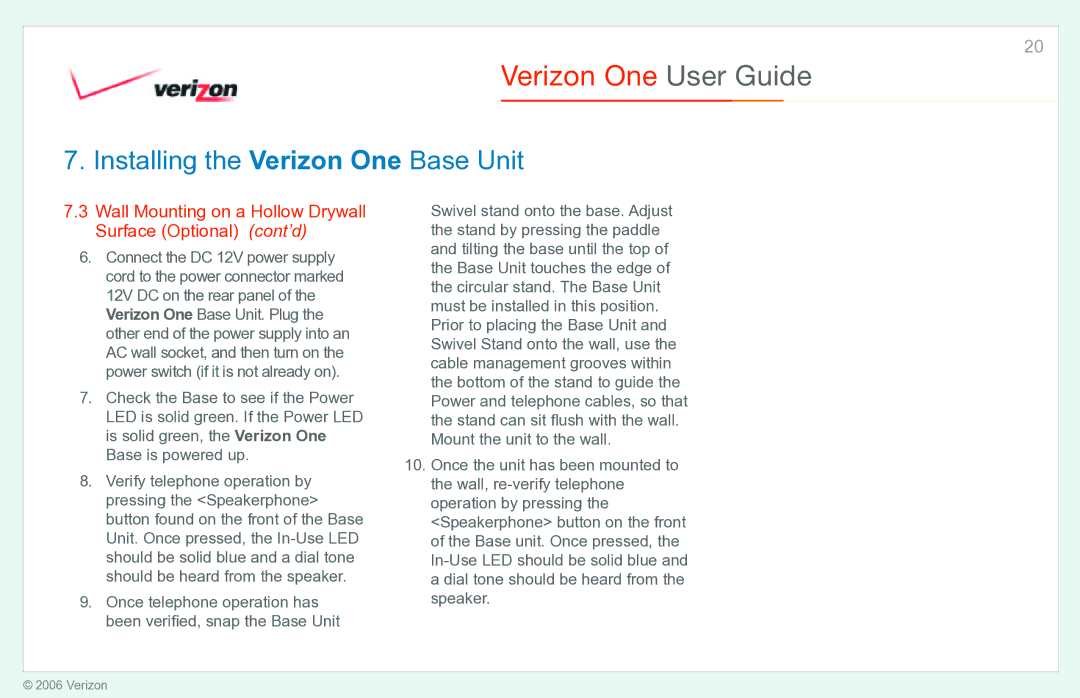 Verizon Verizon One manual Wall Mounting on a Hollow Drywall Surface Optional cont’d 