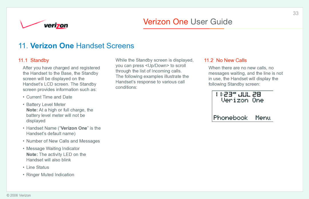 Verizon manual Verizon One Handset Screens, Standby, No New Calls 