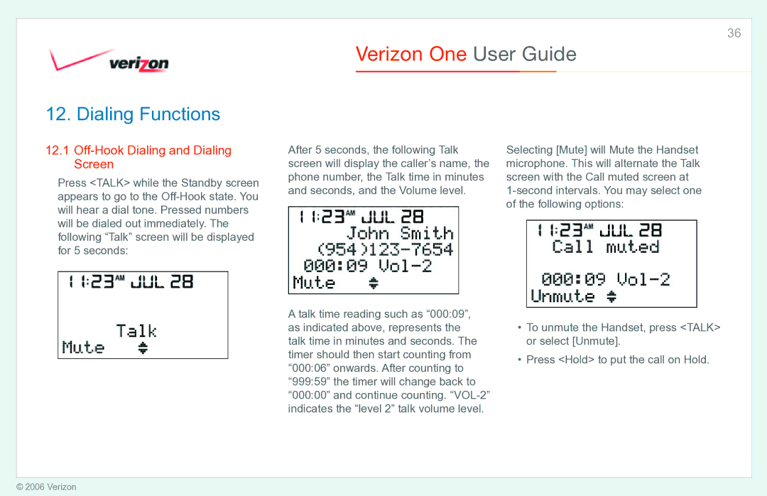 Verizon Verizon One manual Dialing Functions, Off-Hook Dialing and Dialing Screen 