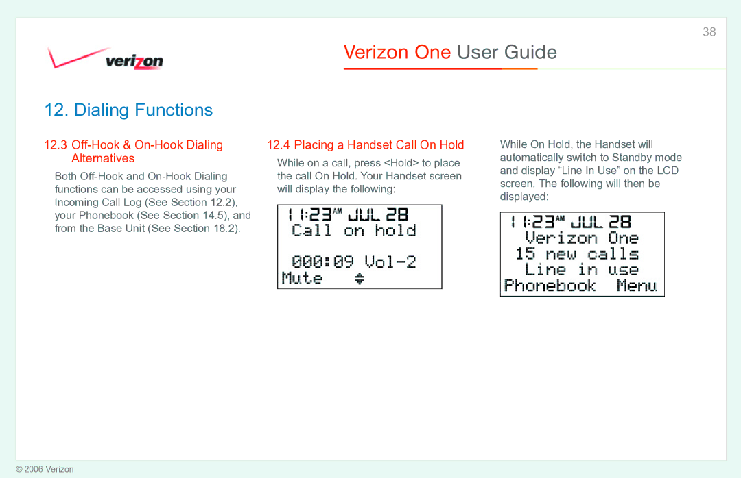 Verizon Verizon One manual Off-Hook & On-Hook Dialing Alternatives, Placing a Handset Call On Hold 