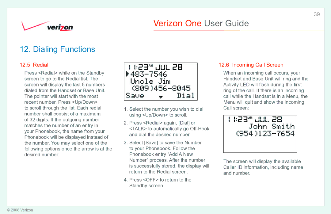 Verizon Verizon One manual Redial, Incoming Call Screen 