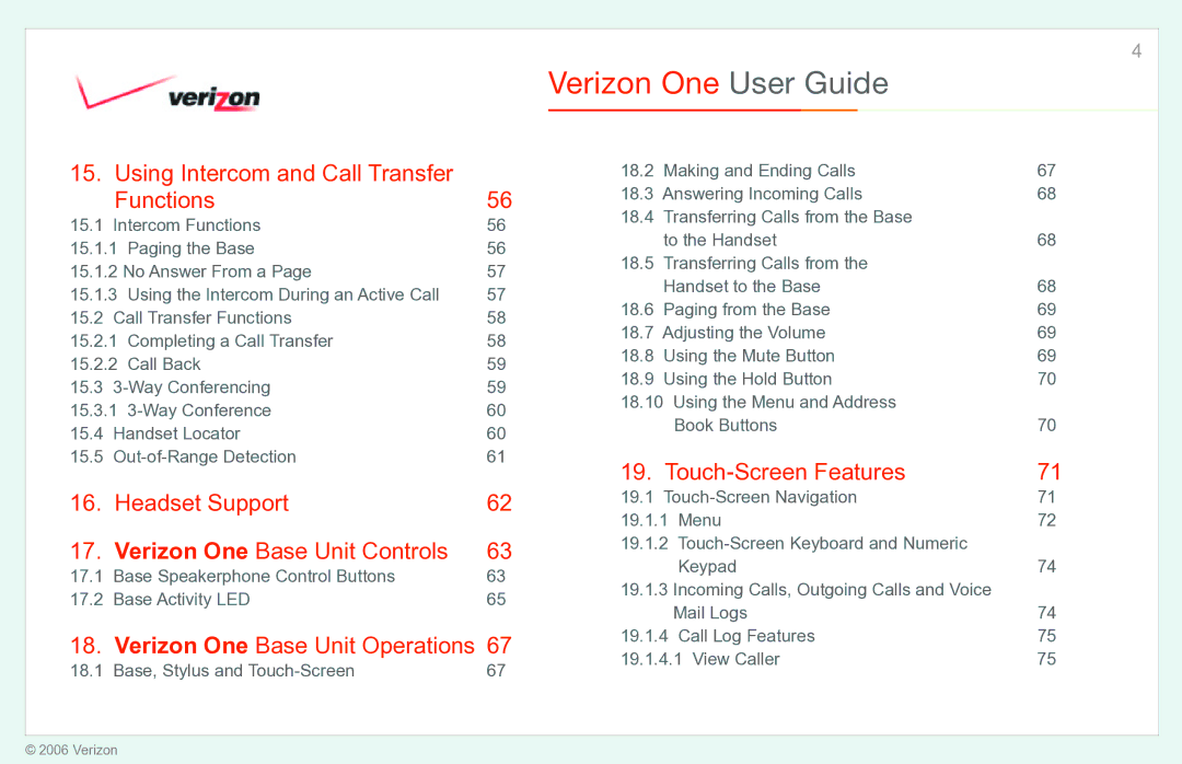 Verizon Verizon One manual Using Intercom and Call Transfer Functions, Base, Stylus and Touch-Screen 