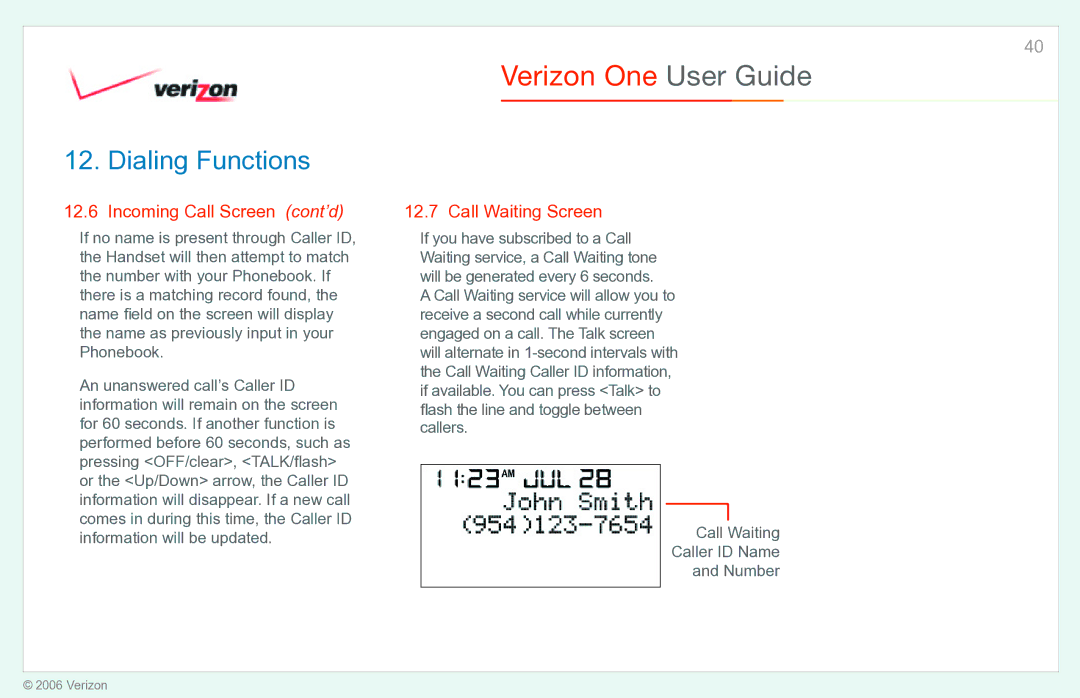 Verizon Verizon One manual Incoming Call Screen cont’d, Call Waiting Screen 