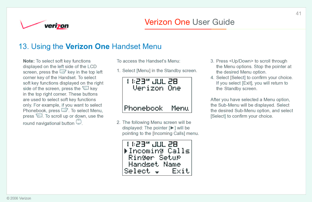 Verizon manual Using the Verizon One Handset Menu 