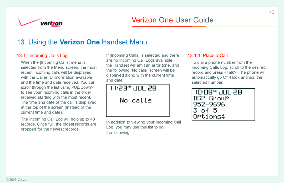 Verizon Verizon One manual Incoming Calls Log, Place a Call 