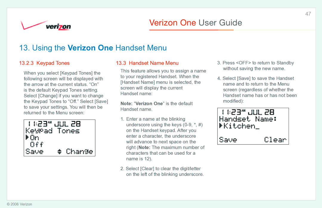 Verizon Verizon One manual Keypad Tones Handset Name Menu 