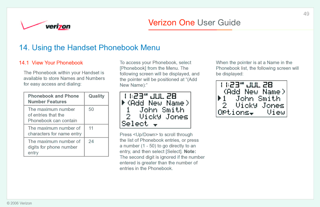 Verizon Verizon One Using the Handset Phonebook Menu, View Your Phonebook, Phonebook and Phone Quality Number Features 