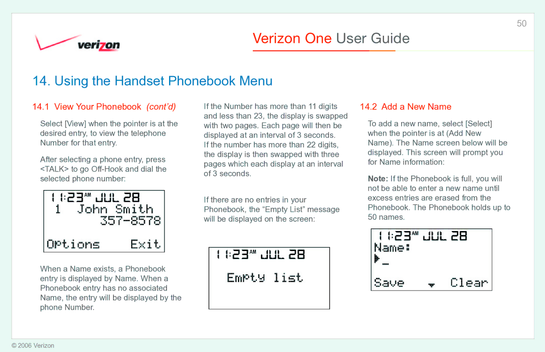 Verizon Verizon One manual View Your Phonebook cont’d, Add a New Name 