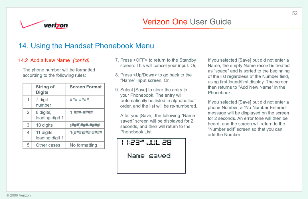 Verizon Verizon One manual String Screen Format Digits, Press Up/Down to go back to the Name input screen. Or 