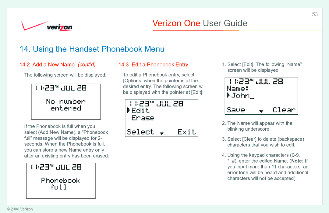 Verizon Verizon One manual Edit a Phonebook Entry, Following screen will be displayed 