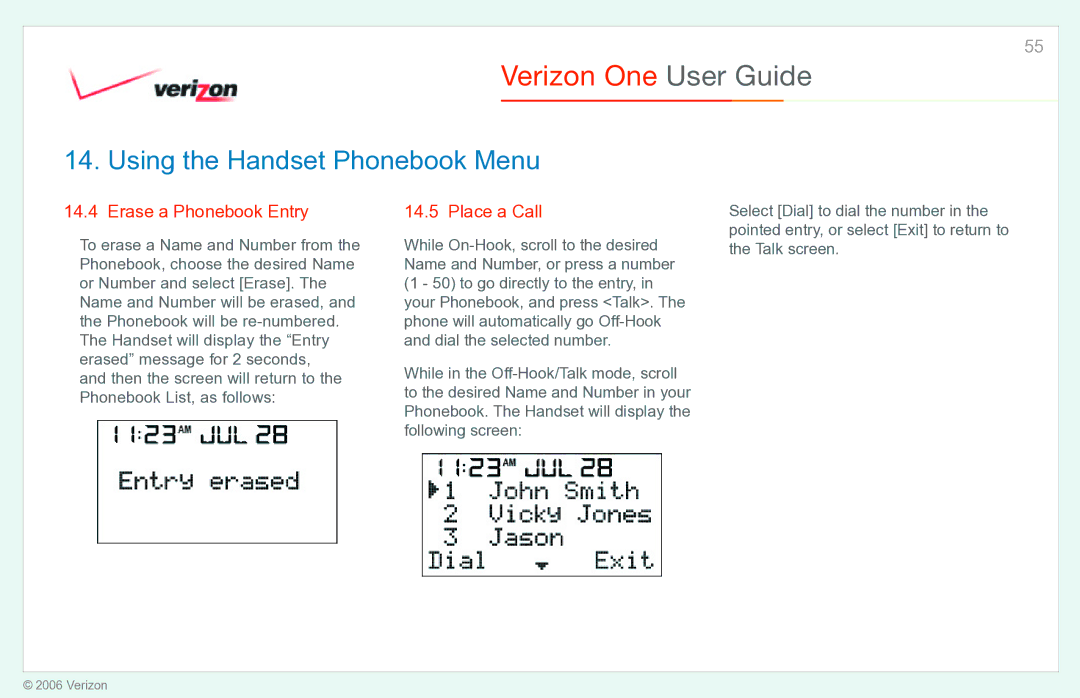 Verizon Verizon One manual Erase a Phonebook Entry Place a Call 